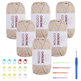 FOGAWA Easy Crochet Yarn for Beginners 6x50g Chunky Yarn for Crochet Amigurumi Yarn Cotton Yarn Beige Thick Wool for Crafts Knitting with 4mm Crochet Hook 4 Plastic Needles 15 Stitch Markers
