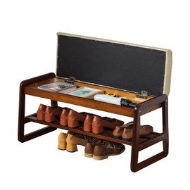 latifolia Solid Wood Bench, Entryway Shoe Bench with Cushion, Flip-Open Storage Compartment, 2-Tier Shoe Organizer(Grey,21.65''L)
