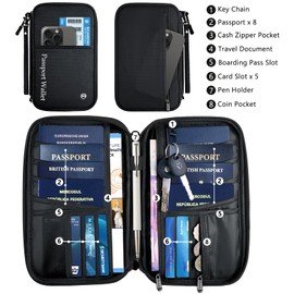 Asnews Passport Holder, Family Travel Wallet and Document Holder, Water-Resistant Passport Wallet with Wrist Strap, RFID Blocking Travel Accessories Organizer for Boarding Passes, Credit Cards, Cash