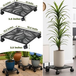 2-pack 12 Inches Square Metal Plant Caddy with Wheels Heavy Duty Large Rolling Plant Stand Indoor Outdoor Wheeled Planter Dolly Cart with Lockable Casters Flower Pot Mover Roller Trolley, Black