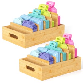 2 Pack Bamboo Lid Organizers Inside Cabinet Pan Lid Organizer for Plastic Lids Bamboo Lid Storage Containers Kitchen Organizer with 5 Adjustable Dividers for Kitchen Cabinet Drawer Pantry Organization