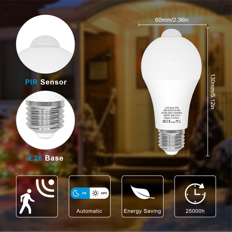 ORALUCE Motion Sensor Light Bulbs Indoor Outdoor 60 watt Equivalent,