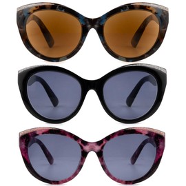 SOPHILY 3 Pairs Reading Sunglasses for Women Oversized Full Lens Sun Readers Ladies Outdoor UV400 Protection Non Bifocal, Black + Blue Quartz + Red Leopard, +3.5