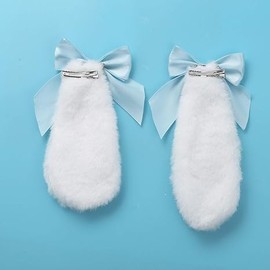 1Pair Blue Girls Bunny Plush Lop Ears Hair Clip Rabbit Furry Ears Ribbon Bow-knot Hair Clamp Hairpin Cosplay Headwear Easy Bunny Ears Hair Clips to Wear Ornaments,Costumes and Accessories
