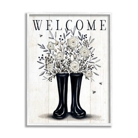 Stupell Industries Welcome White Roses Gardening Boots Outdoors Insect Sign, Design by Elizabeth Tyndall
