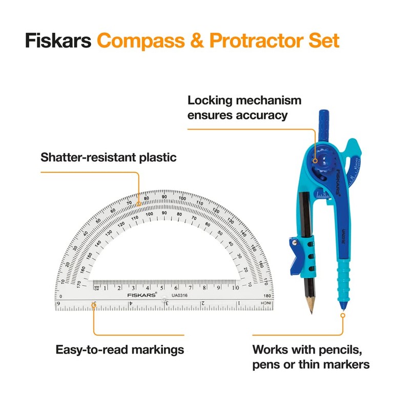Fiskars Geometry Set, Compass and Protractor Set, Color Received May