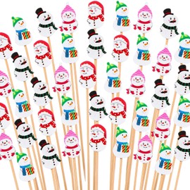 Hushee 400 Pcs Christmas Cocktail Picks Decorative Bamboo Wood Toothpicks Christmas Skewers for Appetizers for Fruit Drink Food Birthday Holiday Xmas Party Decorations (Snowman)