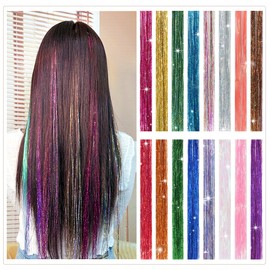SuCoo Hair Tinsel Kit (16 Colors, 4800 Strands, 48 Inches) Metallic Colored Sparking Tinsel Hair Extensions Kit with Tools Heat Resistant Highlights Glitter for Girls Women