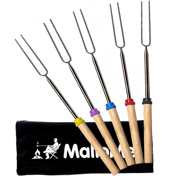 MalloMe Smores Sticks - Marshmallow Sticks For Fire Pit Long - Smores Kit For Fire Pit Marshmallow Roasting Sticks, Smore Hot Dog Fork Campfire Skewers, Camping Essentials Gear Accessories 32" 5 Pack