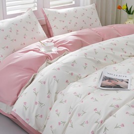 Michorinee Single Duvet Cover Set 100% Cotton White with Pink Tulip Floral Reversible Bedding Set 2pc Aesthetic Cute Girl Flower Quilt Cover 135x200 cm with Zipper Closure and 1 Pillowcase 50x75 cm