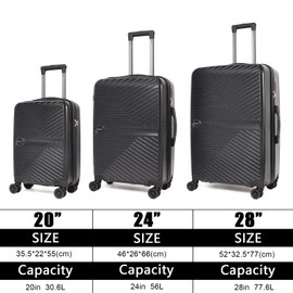 OMBRY Luggage Set 3 Pieces -Suitcase Set - Carry on Luggage with Wheels - Check-in Luggage - PC + ABS Durable Suitcase Rotating Silent Wheels 3-Piece 20/24/28 Black