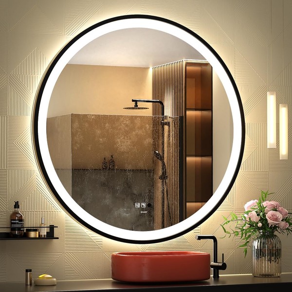 GANPE LED Sensor Mirror, Round Human Body Induction, Black Framed