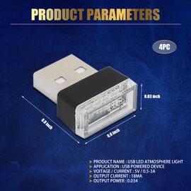 Crynod Pack-4 Car Led Lights, USB Ambient Lights, 0.59" x 0.31" x 0.78" Light Bulbs, Automotive Decorative Lights, Night Lighting Kits, Universal for Most Cars, Trucks, SUVs (Blue)