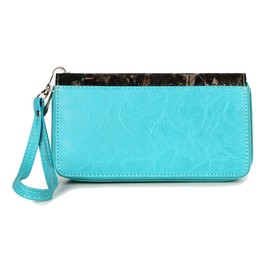 Camouflage Cross Pistol Embossed Revolver Gun Studded Clutch Conchos Women Double Zipper Wallet Western Wristlets Purse (Turquoise)