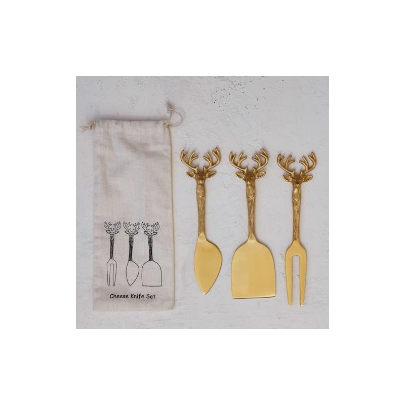 Creative Co-Op Reindeer Handle Brass Cheese Knives, Brass, Set of