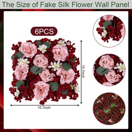 DIYDOFUN Flowers Wall Backdrop - 6 PCS 15 X 15 inch Artificial Silk Floral Panels for Wedding Celebrations Bridal Shower Event Birthday Party Home Background Decorations - Burgundy & Dusty Pink