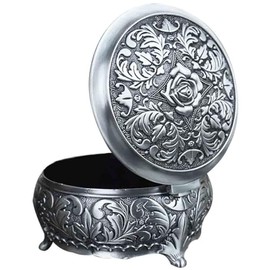 Infinite U Luxury Small Round Shape Rose Engraving Women/Girls Metal Trinket Jewellery Box Antique Silver