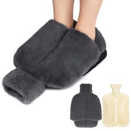 Wärmflasche mit Bezug 2 L, Wärmeflasche mit Fußwärmer Tasche, Auslaufsichere Flauschige Wärmflasche, lindern Nacken und Schulter, Rücken, Bein und Taille Schmerzen Erwärmung Wasserbeutel Grau