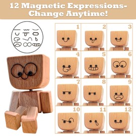 Shaking Wooden Man Figurine – Funny Wooden Dashboard Ornament with 12 Magnetic Expressions, Car Dashboard Accessories & Desk Decor, Creative Gift for Drivers, Friends & Office Fun