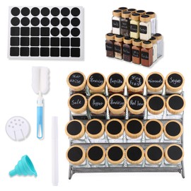 24 Pcs Glass Spice Jars with Wooden Lids | 4oz Spice Jars, Seasoning Containers Set contains 1 Funnel, Brush, Pen & 70 Blank Labels - Spice Containers for Home Kitchen, Spices, Decoration, Snack Foods