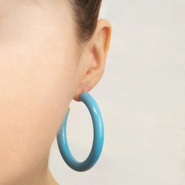Yellow Gold Plated Sterling Silver Glossy Bright Blue Resin Large Open Hoop Earrings for Women