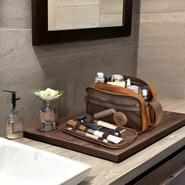 S-ZONE Leather Travel Toiletry Bag for Men Women Traveling Cosmetic Shaving Bags Dopp Kit