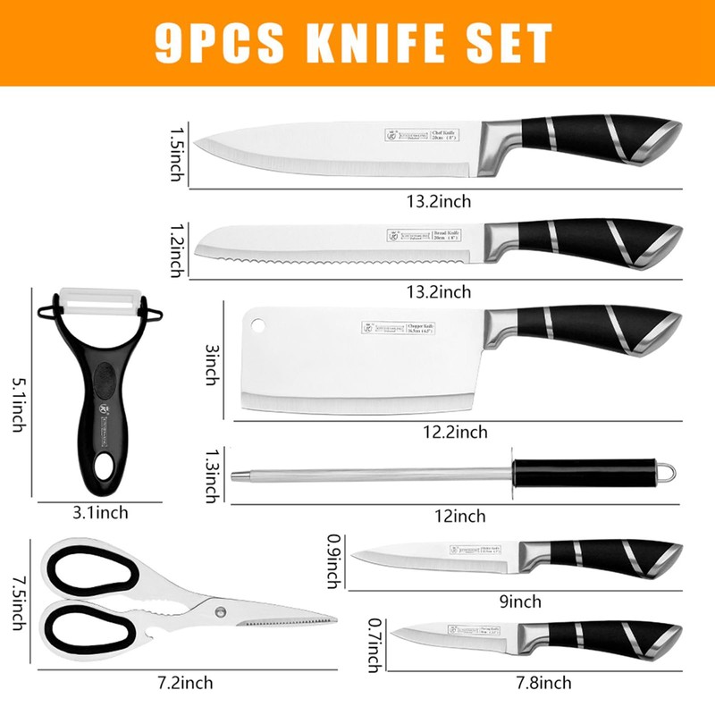 Kitchen Knife Set, 9Pcs Knife Set with Acrylic Block, Ergonomical