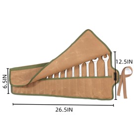 Tool Roll Up Organizer Bag, Heavy Duty 16oz Waxed Canvas Wrench Roll Up Bag With Straps, Multi-Purpose Tool Pouch For Metric, SAE (Khaki)