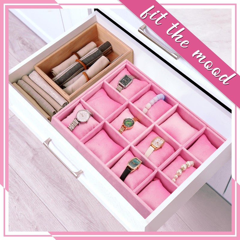 Henoyso 2 Pieces 12 Grid Velvet Watch Tray Jewelry Organizer