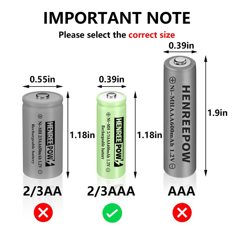 Henreepow Ni-MH 2/3AAA 1.2v 400mAh Rechargeable Batteries,Low Self-Discharge, Long Range