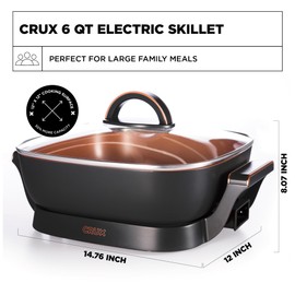 Crux Extra Deep Nonstick Scratch Resistant Electric Skillet with Removeable Temperature Probe, 12" x 12", silver (14620)
