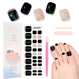 XEAOHESY 32pcs Semi Cured Gel Toenail Strips, Gel Pedicure Strips, Toe Nail Stickers, Needs to Be Cured With a Lamp, Come With Nail File, Wood Cuticle Stick, Plastic Press Stick（Deep Sea Green）