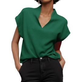 Cicy Bell Womens Summer Cap Sleeve Blouse V Neck Casual Dressy Work Tops Loose Fit Elegant Textured Shirts Dark Green