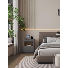 STETNALA Nightstand with USB and Type-C Ports, Charging Station, Large Nightstand with Gun Drawer,Modern Beside Table with LED Human Sensor Light, End Table with Drawer for Bedroom or Living Room