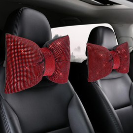 2 PCS Bling Car Pillows,Rhinestones Bowknot Car Headrest Pillow,Car Neck Pillow for Driver Relax Necksupport,Sleeping Travel Support Neck Pillow,Shiny Diamond Interior Accessories for Women,Red