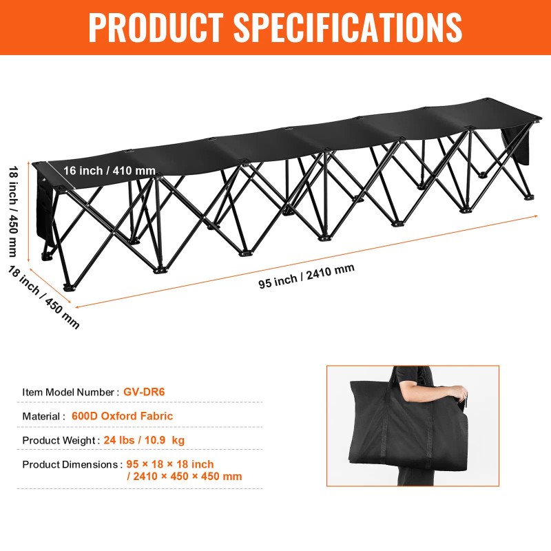 Portable Folding 6-Seat Soccer Bench with Side Pockets Lightweight 600D
