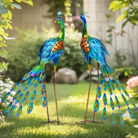 Ultym 32" Tall Metal Peacock Garden Statue, Handmade Oversized Couple Peacock Sculptures with Anchor Ground Stakes, Iron Ornament Yard Art Decor for Garden, Patio, Entryway Porch, or Home Space.