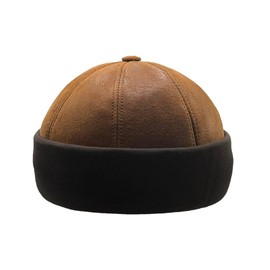 Winter Sheepskin Leather Fur Knit Beanie Cuff Round Bucket Winter Ski Hat (Aged Cognag Rust)