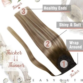 Easyouth Real Hair Ponytail Extension Balayage Human Hair Extensions Ponytail Brown to Medium Blonde Ombre Clip in Ponytail Hair Extensions Human Hair 16 Inch 80g