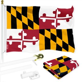 UD_G128 Combo Pack: 6 Ft Tangle Free Spinning Flagpole (White) & Maryland Flag 3x5 Ft Printed 150D Polyester, Brass Grommets (Fl