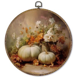 Fewgb Vintage Fall Pumpkin Floral Round Wall Art Decor Framed for Farmhouse Kitchen, Autumn Cottagecore Flower Botanical Canvas Wall Art Prints Picture, Thanksgiving Hanging Room Decor Artwork 10x10