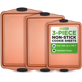 NutriChef 3 Piece Baking Pan Set - PFOA, PFOS, PTFE Free Flexible Nonstick Carbon Steel Bakeware Set - Home Kitchen Bake Pan Cookie Sheet Stackable Baking Tray Set w/Black Silicone Handles NCSBS3S45