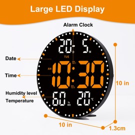 10inch Digital Wall Clock with LED Display, Digital Round Wall Calendar with Remote, Auto Dimming, Timer,Temperature, Silent Modern Electric Wall Clocks for Bedroom, Living Room (Orange)