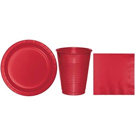 Baxters Party Bundles Bulk, Red, 48 Count 9 Inch Paper Plates, 40 Count 16 Ounce Plastic Cups, 50 Count Luncheon Paper Napkins, Pack Contains 138 Pieces Made in The USA