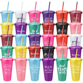 Bokon 30 Pcs Employee Appreciation Gifts 24oz Plastic Cups with Lids and Straws Thank You Gifts for Staff Coworker Reusable Tumblers Thank You Cups for Teacher Nurse(Thankful)