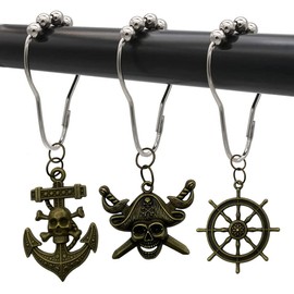 Nautical Shower Curtain Hooks, Rust Proof Stainless Steel Silver Curtain Rings, Decorative Shower Curtain Hook Set of 12 with Rudder Anchor Pirate Captain Skull Octopus Nautical Bathroom Decor(Bronze)