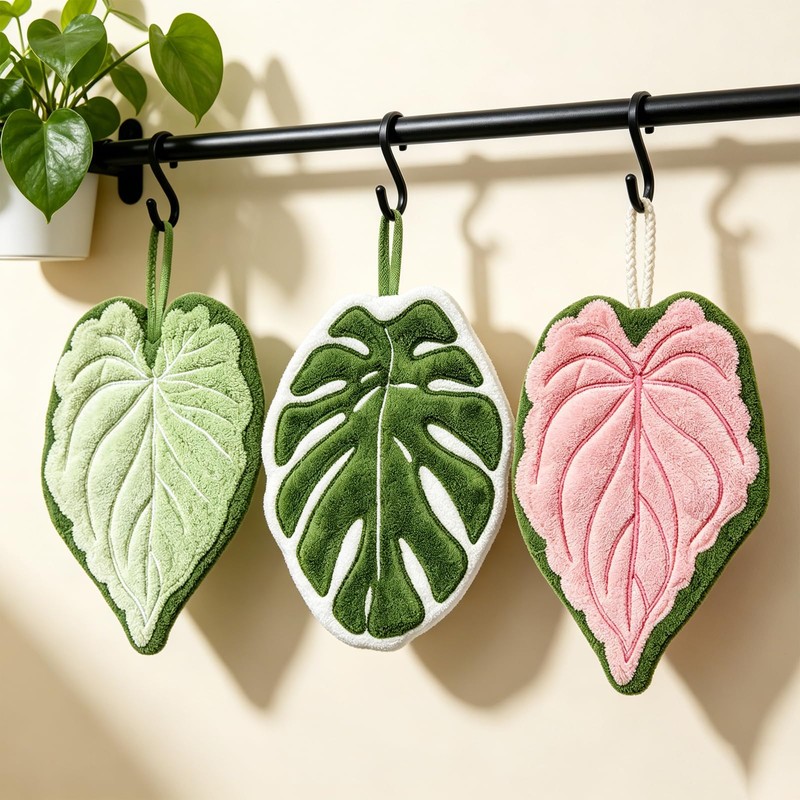 HJUHBDJ 3-Pack Leaf Shaped Hanging Kitchen Towels, Cute Coral Fleece