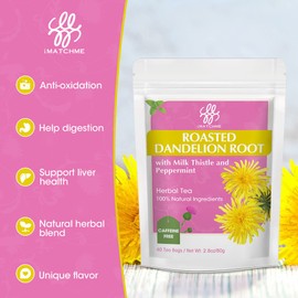 Premium Roasted Dandelion Root Tea with Milk Thistle and Peppermint - Herbal Tea for Cleanse and Digest, 40 bags