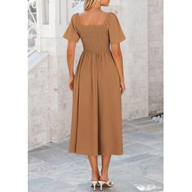 PRETTYGARDEN Summer Dress for Women 2025 Casual Short Sleeve Bow Tie V Neck Ruffle Midi Flowy Dresses (Brown,Medium)