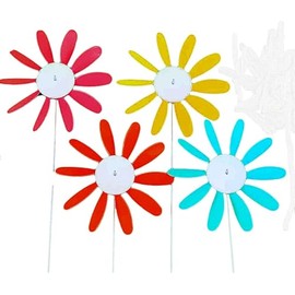 Spinning Daisies (Pack of 4) Beloit Plastics 12 inch Dia. Random Color Lawn Pinwheels, 24" Tall Pinwheel and Wind Spinners, Garden, Party Pinwheel, Flower Spinner, for Patio, Lawn & Garden